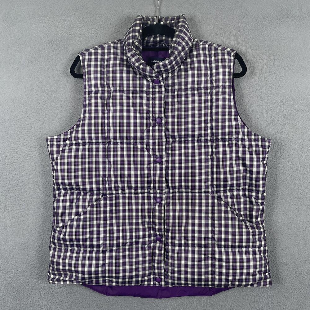 Lands' End Vest Womens L 14-16 Purple Plaid Puffer Jacket Insulated Quilted